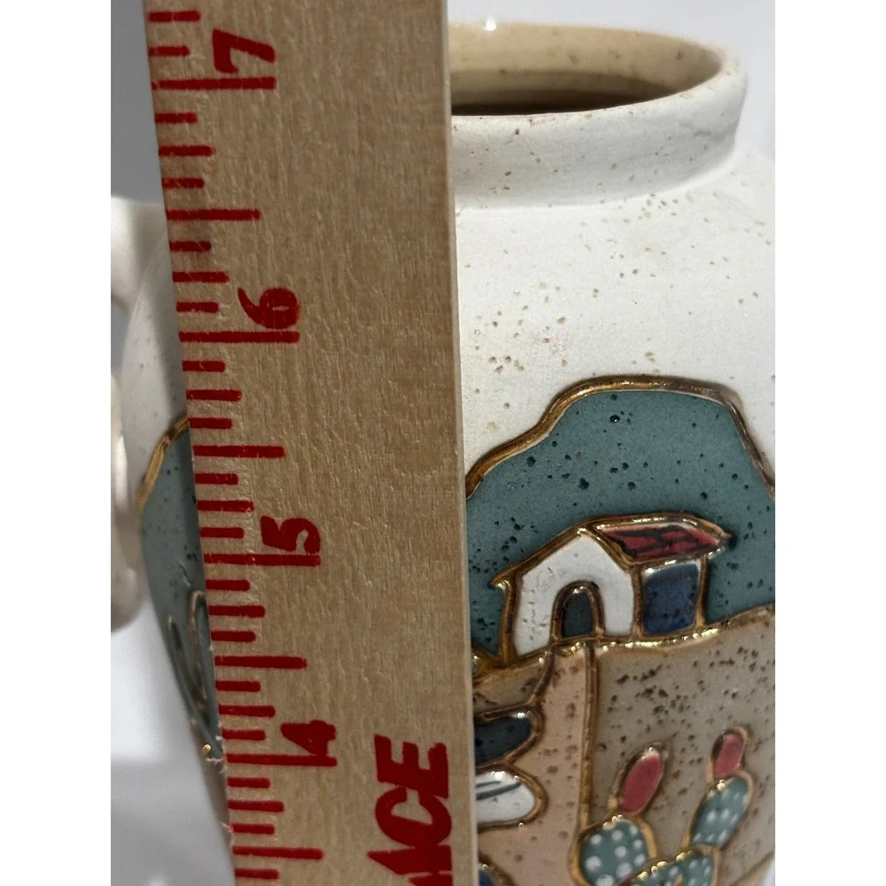 Southwestern Hand Painted Pottery Vase Desert Scene Ring Handles Gold Trim Aztec